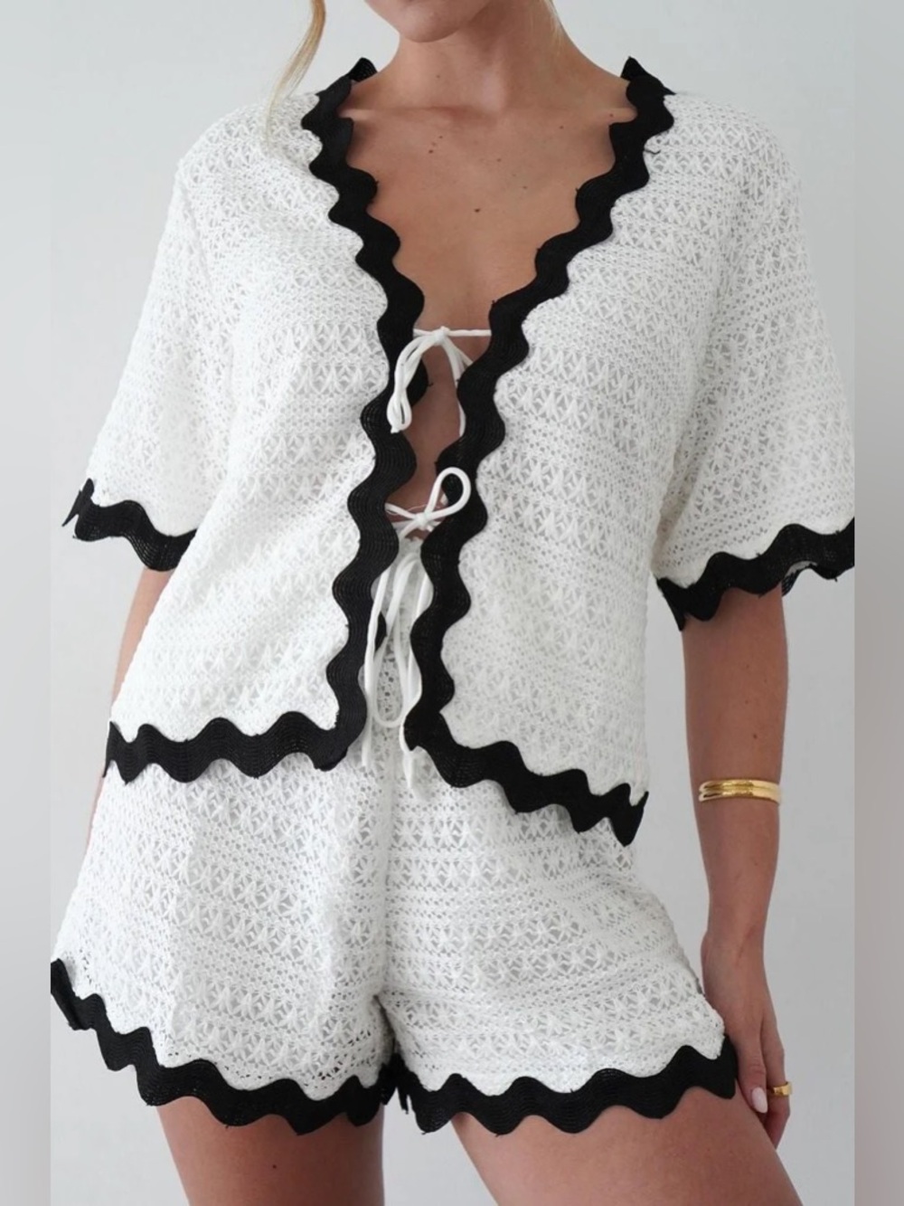White Crochet Shorts with Black Trim - Women's Summer Shorts
